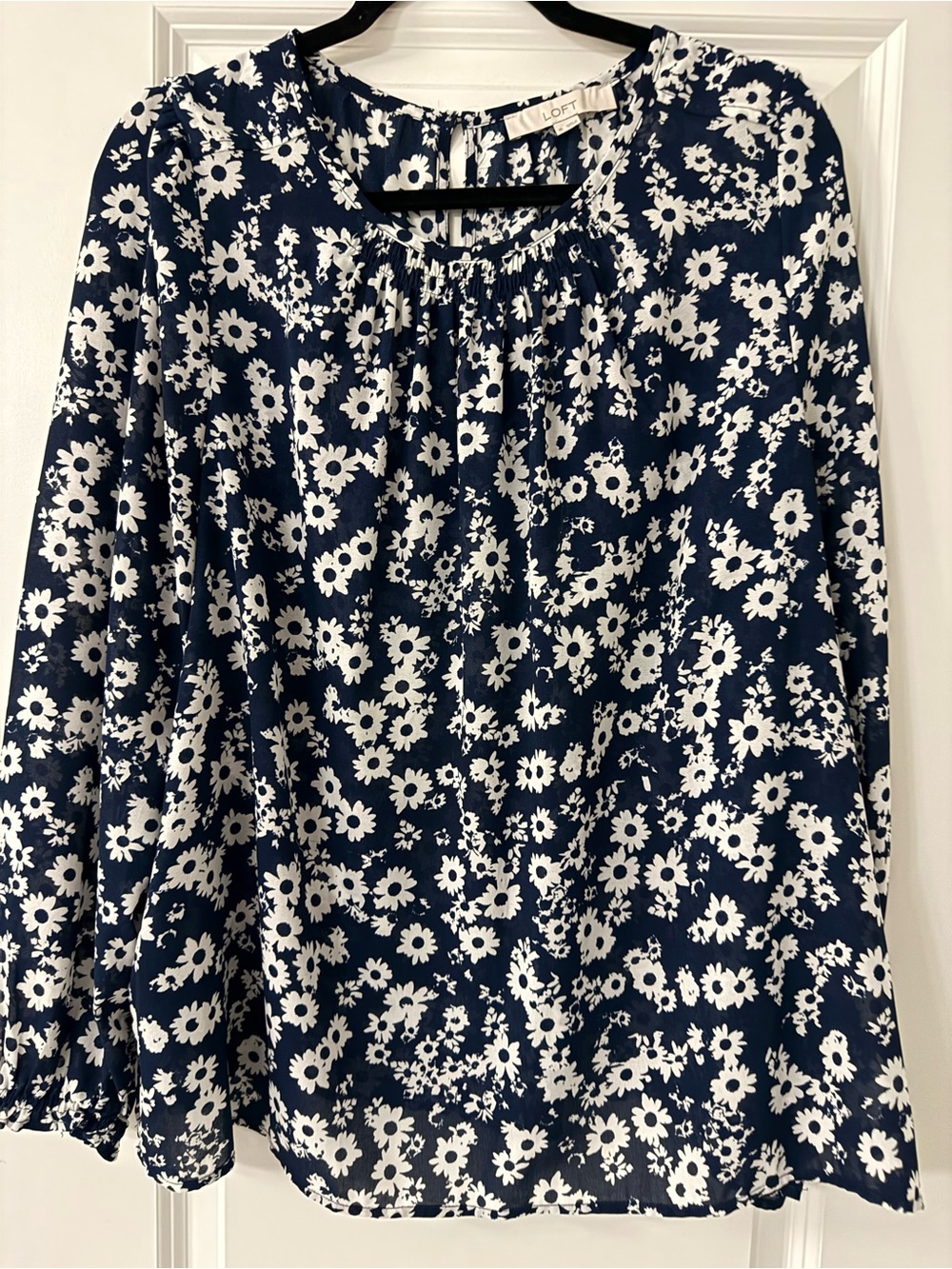 LOFT Navy and White Floral Peasant Top